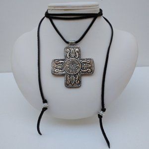 Swiss Cross Pendant on Black Suede Wrap Choker